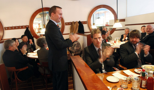 Al Hartmann  |  The Salt Lake Tribune
Salt Lake County Mayor-Elect Ben McAdams speaks during a breakfast with mayors from Salt Lake County at the Market Street Grill before taking the oath of office as the new mayor at a ceremony at the Rose Wagner Theatre Monday January 7.