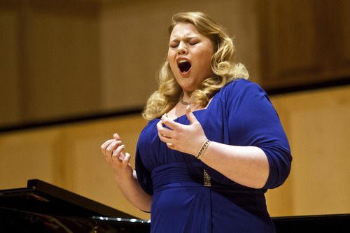 Chris Detrick  |  The Salt Lake Tribune
Soprano Rebecca Pedersen, 21, sings Mozart's "E Susanna non vien … Dove sono" from "Le Nozze di Figaro" at Libby Gardner Concert Hall Saturday January 5, 2013. Twenty-eight young singers auditioned for a spot with the prestigious Metropolitan Opera during regional auditions. Pedersen was one of three winners advancing to regional finals Jan. 27 in Denver.