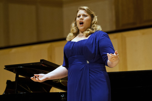 Chris Detrick  |  The Salt Lake Tribune
Soprano Rebecca Pedersen, 21, sings Mozart's "E Susanna non vien … Dove sono" from "Le Nozze di Figaro" at Libby Gardner Concert Hall Saturday January 5, 2013 during auditions for a spot with the prestigious Metropolitan Opera. Pedersen was one of three winners advancing to regional finals Jan. 27 in Denver.