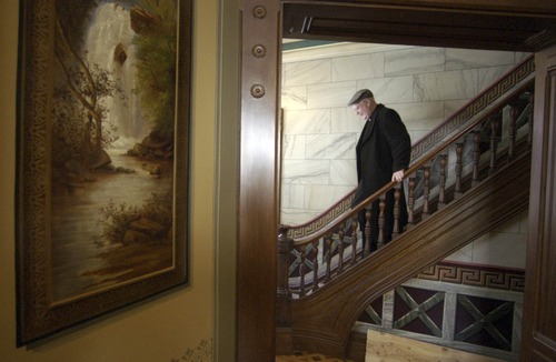 Photo by Francisco Kjolseth/The Salt Lake Tribune 01/07/2005

Catholic Bishop George H. Niederauer celebrated his 10th anniversary as the bishop of Utah in January 2005 isseen here walking down the stairs of the office of the Intermountain Catholic Newspaper located next door to the Catholic Pastoral Office in Salt Lake City.