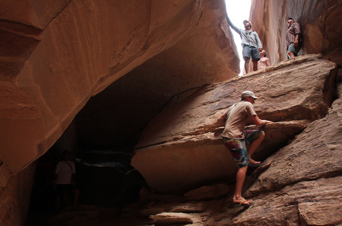 Francisco Kjolseth  |  The Salt Lake Tribune
There river runners made the 1,000-foot elevation gain hike from the Colorado River to visit The Doll House of Canyonlands National Park in the summer of 2012.