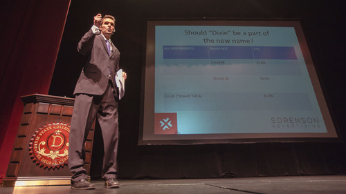 Erik Sorenson speaks at a forum for about the results of a survey on the possible change of Dixie College at Cox Auditorium on Wednesday, Jan. 9, 2013.