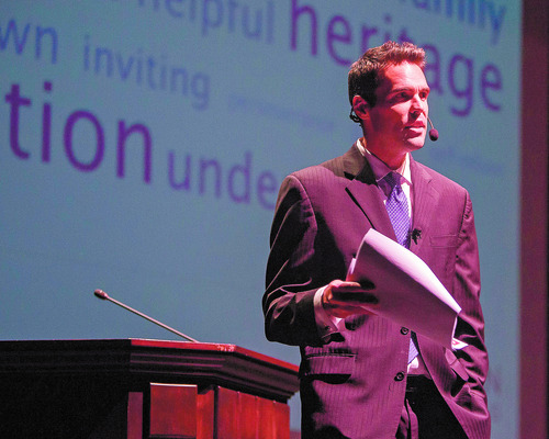 Erik Sorenson speaks at a forum for about the results of a survey on the possible change of Dixie College at Cox Auditorium on Wednesday, Jan. 9, 2013.