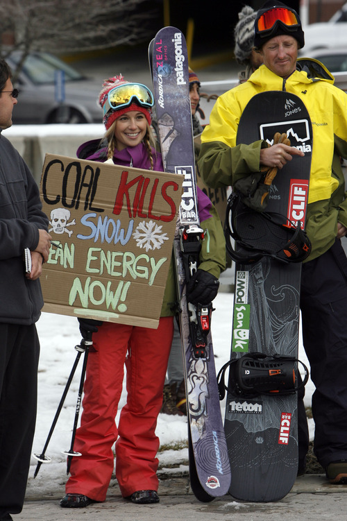 Francisco Kjolseth  |  The Salt Lake Tribune
Pro skier Caroline Gleich and pro snowboarder Forrest Shearer join the lineup of speakers expressing their concerns over a warming planet as environmentalists stage a clean-energy rally outside the Calvin L. Rampton Salt Palace Convention Center, where the governor was hosting his Energy Development Summit.