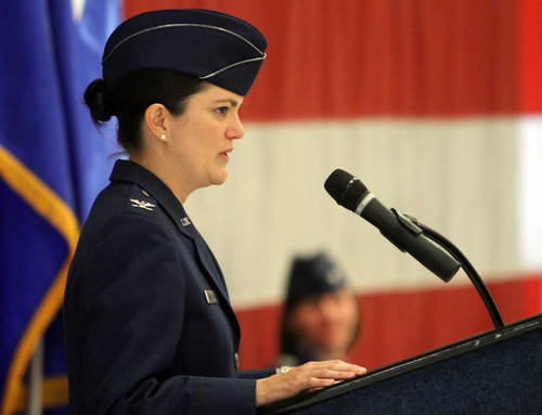 Rick Egan  | The Salt Lake Tribune 

Col. Kathryn L. Kolbe speaks to the 75th Air Base Wing during the change-of-command ceremony at Hill Air Force Base, Friday, January 11, 2013. Kolbe assumed command of the 75th Air Base Wing from Col. Sarah E. Zabel.