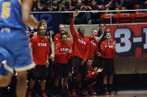Chris Detrick  |  The Salt Lake Tribune
Members of the Utah basketball team cheer during the first half of the game at the Huntsman Center Thursday January 10, 2013.