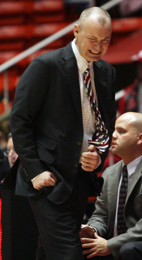 Kim Raff | The Salt Lake Tribune
University of Utah head coach Anthony Levrets reacts to Colorado's widening lead in the second half during a game at the Huntsman Center in Salt Lake City on January 13, 2013.