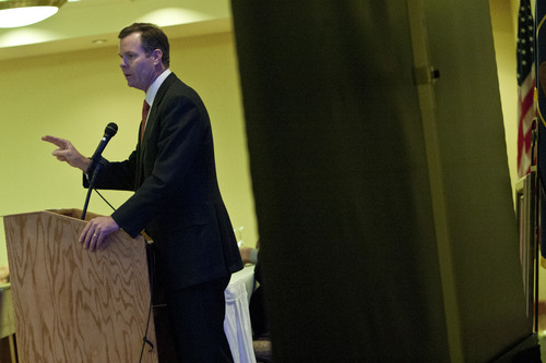 Chris Detrick  |  The Salt Lake Tribune
Utah Attorney General John Swallow speaks on the topic of 'The Importance of Federalism Under Our Constitution' during the Utah Eagle Forum annual convention at the Salt Lake Radisson Hotel Saturday January 12, 2013.