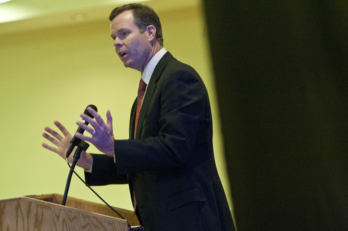 Chris Detrick  |  The Salt Lake Tribune
Utah Attorney General John Swallow speaks on "The Importance of Federalism Under Our Constitution" during the Utah Eagle Forum annual convention at the Salt Lake Radisson Hotel Saturday January 12, 2013.