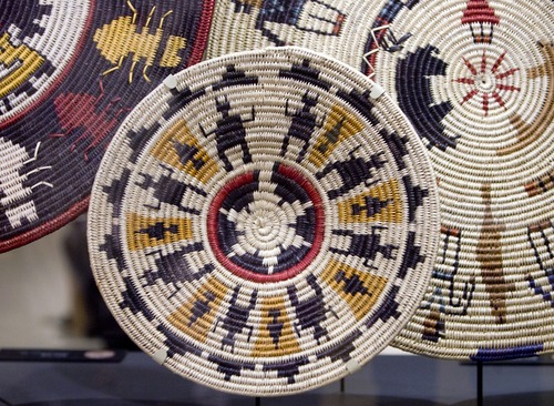 Kim Raff  |  The Salt Lake Tribune
A basket by Lorraine Black on display in "A Celebration of Contemporary Navajo Baskets" exhibit, which opened at the Natural History Museum of Utah in Salt Lake City on January 12, 2013. The exhibit features more than 150 works of art created by the basket weavers of Monument Valley, Utah.
