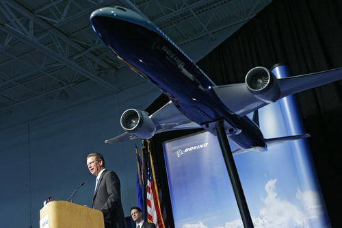 Francisco Kjolseth  |  The Salt Lake Tribune
Ross Bogue, vice president and general manager for Boeing Fabrication, celebrates the opening of a new manufacturing plant in West Jordan on Friday, January 11, 2013, where the horizontal stabilizers will be manufactured for the 787 Dreamliner.