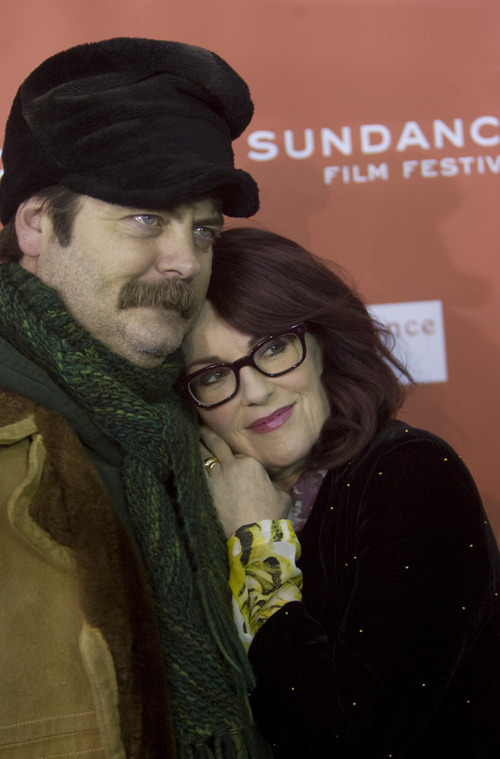 Kim Raff |The Salt Lake Tribune
Actor Nick Offerman and actress Megan Mullally pose on the red carpet before the premiere of "Smashed" at the Park City Library Center during the Sundance Film Festival on Jan. 22, 2012.