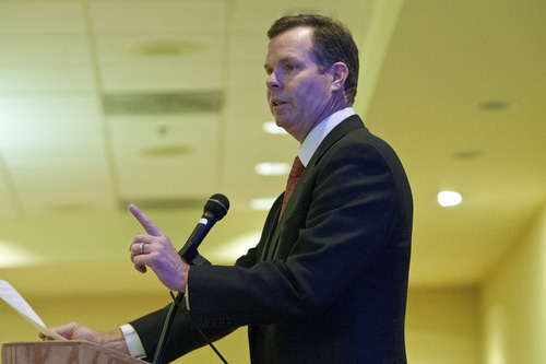 Chris Detrick  |  The Salt Lake Tribune
Utah Attorney General John Swallow speaks on the topic of 'The Importance of Federalism Under Our Constitution' during the Utah Eagle Forum annual convention at the Salt Lake Radisson Hotel Saturday January 12, 2013.