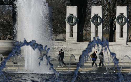 Scott Sommerdorf   |  The Salt Lake Tribune
All the states of the Union, including Utah are represented in a semi-circle around a large pool with fountains at the World War II Museum in Washington, D.C. A tour of D.C. for travelers from Utah, Friday, January 4, 2013.