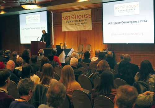 Al Hartmann  |  The Salt Lake Tribune
Conference director Russ Collins makes opening remarks at the Art House Convergence, a trade meeting for independent movie theaters held in Midway, Tuesday, January 15 in advance of the Sundance Film Festival.