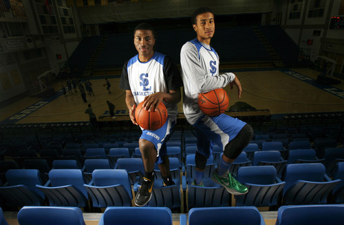 Francisco Kjolseth  |  The Salt Lake Tribune
The sons of two former NBA players are playing for the SLCC men's basketball team this season -- Tyrell Corbin, left, and Gary Payton II.