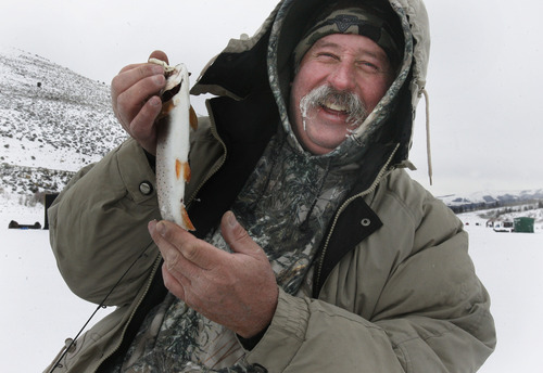 Scott Sommerdorf   |  The Salt Lake Tribune
Wayne Rorick, of Payson, displays his icicled moustache and his 12-inch cutthroat trout he just pulled out of his ice fishing spot on Scofield Reservoir. Utah State Parks is holding a Trifishalon ice fishing tournament. The first leg of the tournament was Saturday at Scofield Reservoir, Saturday, December 29, 2012.