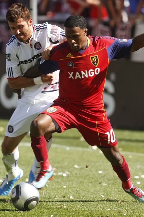Leah Hogsten  |  The Salt Lake Tribune 
Chicago's Gonzalo Segares and Real's Robbie Findley fight for possession. 
Real Salt Lake defeated the Chicago Fire 1-0  at Rio Tinto Stadium Saturday, September 18, 2010, in Sandy.