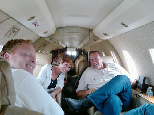 Jeremy Johnson, left, Utah Attorney General Mark Shurtleff, right, and Sandra Lucus are pictured in Johnson's jet on a trip to southern California to raise money for Lucus' Meth Cops program.
Facebook Photo