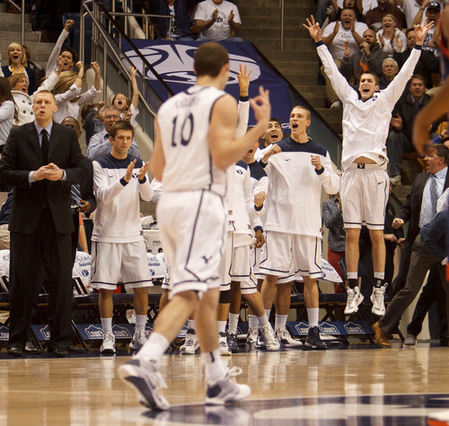 Trent Nelson  |  The Salt Lake Tribune
The BYU bench cheers as BYU guard Matt Carlino (10) hits a three-pointer as BYU hosts Saint Mary's, college basketball Wednesday January 16, 2013 in Provo.