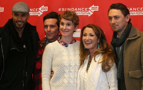 Leah Hogsten  |  The Salt Lake Tribune
l-r Ricky Whittle, James Callis, director Jerusha Hess, Jane Seymour and JJ Feild pose for pictures before the premiere of "Austenland" at The Eccles Theatre screening venue during the Sundance Film Festival on Friday, Jan. 18, 2013.