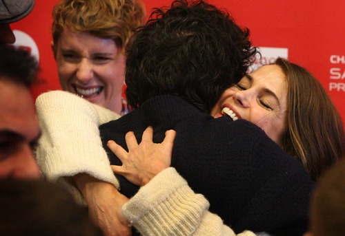 Leah Hogsten  |  The Salt Lake Tribune
Bret McKenzie is greeted by Keri Russell with a big hug before the premiere of "Austenland" at The Eccles Theatre screening venue during the Sundance Film Festival on Friday, Jan. 18, 2013.