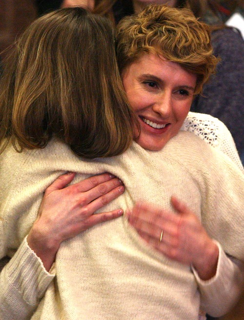 Leah Hogsten  |  The Salt Lake Tribune
Director Jerusha Hess is greeted by Keri Russell with a big hug before the premiere of "Austenland" at The Eccles Theatre screening venue during the Sundance Film Festival on Friday, Jan. 18, 2013.