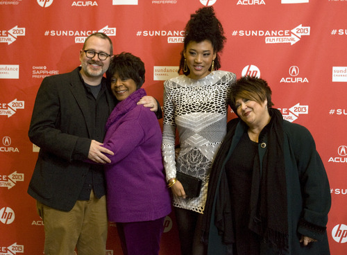 Kim Raff  |  The Salt Lake Tribune
(from left) Director Morgan Neville, Merry Clayton, Judith Hill, and Tata Vega are photographed on the red carpet for the premiere of "Twenty Feet From Stardom" at the Eccles Theatre during opening night of the Sundance Film Festival in Park City on January 17, 2013.  The three women are all singers featured in the documentary.