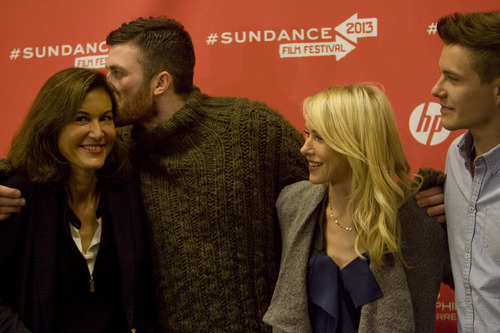 Kim Raff  |  The Salt Lake Tribune
(from left) Director Anne Fontaine gets a kiss from Actor James Frecheville, as Naomi Watts and Xavier Samuel look on while standing for a photograph on the red carpet during the premiere screening of "Two Mothers" at the Eccles Theatre during the Sundance Film Festival in Park City on January 18, 2013.
