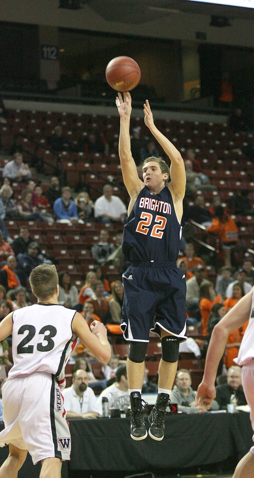 Paul Fraughton | The Salt Lake Tribune.
Brighton's  Brandon Miller hits the three point shot. Brighton High School defeated Weber  High School 62 to 45 in the  first round of the state 5A basketball tournament at the Maverik Center.
 Tuesday, February 28, 2012