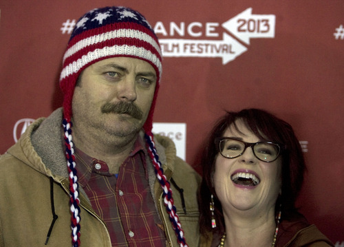 Kim Raff  |  The Salt Lake Tribune
(left) Actor Nick Offerman is photographed with his wife actress Megan Mullally on the red carpet for the premiere of "Toy's House" at the Park City Library Center during the Sundance Film Festival in Park City on January 19, 2013.