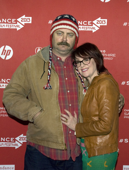 Kim Raff  |  The Salt Lake Tribune
(left) Actor Nick Offerman is photographed with his wife actress Megan Mullally on the red carpet for the premiere of "Toy's House" at the Park City Library Center during the Sundance Film Festival in Park City on January 19, 2013.
