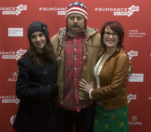 Kim Raff  |  The Salt Lake Tribune
(from left) Actors Alison Brie, Nick Offerman and Megan Mullally are photographed on the red carpet for the premiere of "Toy's House" at the Park City Library Center during the Sundance Film Festival in Park City on January 19, 2013.