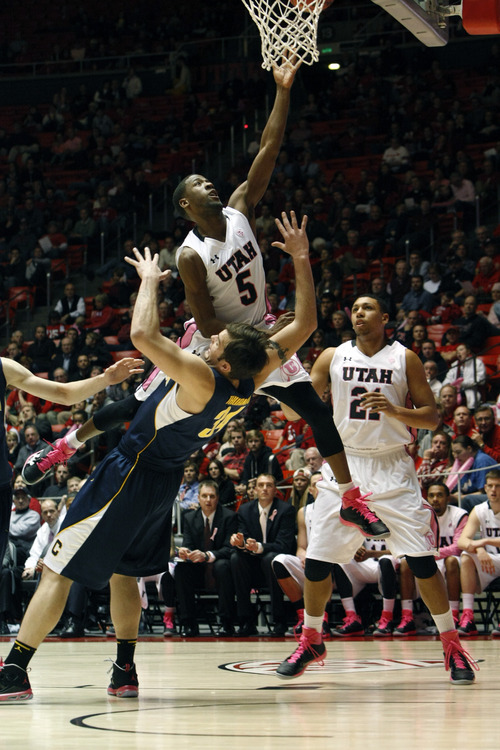 Chris Detrick  |  The Salt Lake Tribune
Utah Utes guard Jarred DuBois (5) is fouled by California Golden Bears forward Robert Thurman (34) during the second half of the game at the Huntsman Center Thursday January 24, 2013. Cal won the game 62-57.