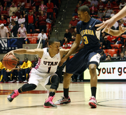 Chris Detrick  |  The Salt Lake Tribune
Utah Utes guard Glen Dean (1) and California Golden Bears guard Tyrone Wallace (3) during the second half of the game at the Huntsman Center Thursday January 24, 2013. Cal won the game 62-57.