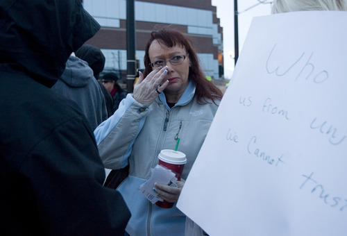Kim Raff  |  The Salt Lake Tribune
Melissa Kennedy, mother of Danielle Willard, wipes away a tear Sunday as she talks about her daughter during a gathering outside the West Valley City Hall for Danielle, who was shot by West Valley police on Nov. 2 as she sat in her car unarmed.