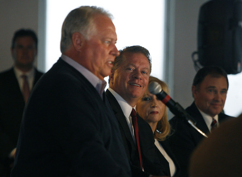 Scott Sommerdorf   |  The Salt Lake Tribune
Del Loy Hansen speaks during a press conference at Rio Tinto Stadium in which RSL majority owner Dave Checketts, right,  announced that he is selling his share of the team to Hansen, Thursday, January 24, 2013.