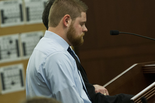 Chris Detrick  |  The Salt Lake Tribune
Skyler Shepherd listens during his sentencing at the 2nd District Courthouse in Ogden Wednesday January 23, 2013. Second District Judge Ernie Jones called Shepherd's actions "callous" and "spineless" before sentencing him. Shepherd was found guilty by a six-member jury in December on charges of reckless endangerment, obstruction of justice and failure to render aid. He was sentenced Wednesday to the maximum possible punishment: 2.5 years in jail.