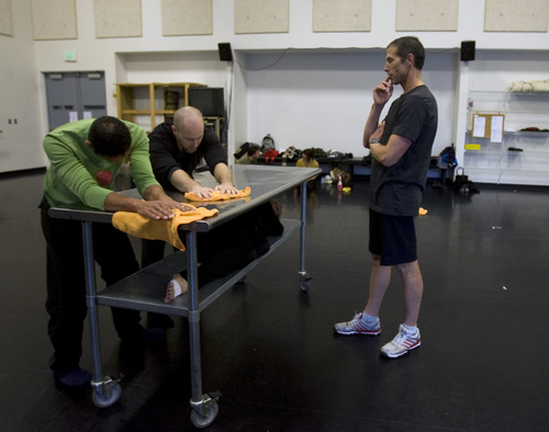 Kim Raff  |  The Salt Lake Tribune
(left) Stephen Brown choreographs dancers, (left) Juan Carlos Claudio and (middle) Nathan Shaw during a rehearsal for an upcoming show at the Rose Wagner Performing Arts Center in Salt Lake City on December 16, 2012.