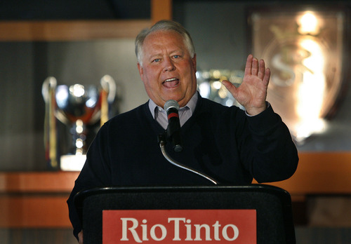 Scott Sommerdorf   |  The Salt Lake Tribune
Del Loy Hansen speaks during a press conference at Rio Tinto Stadium in which RSL majority owner Dave Checketts announced that he is selling his share of the team to Hansen, Thursday, January 24, 2013.