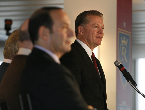 Scott Sommerdorf   |  The Salt Lake Tribune
RSL majority owner Dave Checketts announced in a press conference at Rio Tinto Stadium that he is selling his share of the team to Del Loy Hansen, Thursday, January 24, 2013.