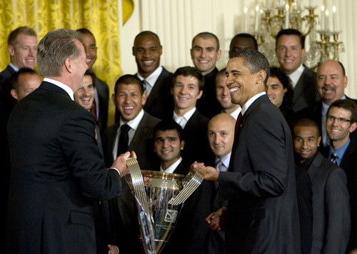 Steve Griffin  |  The Salt Lake Tribune

President Barack Obama laughs with Real Salt Lake owner Dave Checketts during a visit in the East Room of the White House in 2010.