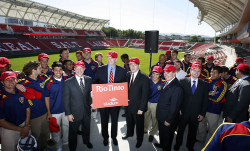 Steve Griffin  |  The Salt Lake Tribune

RSL owner Dave Checketts, center, is joined by Bret Clayton, CEO of Rio Tinto Copper, (next to Checketts at right), Real Salt Lake players and other dignitaries during a naming ceremony at the RioTinto Stadium in 2008.