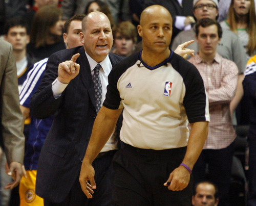 Rick Egan  | The Salt Lake Tribune 

Assistant coach Jim Boylan hollers at the ref in the final seconds of overtime, in NBA action, Jazz vs. Indiana game, Saturday, January 26, 2013.
