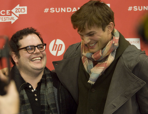 Kim Raff  |  The Salt Lake Tribune
(left) Actors Josh Gad, playing the role of Steve Wozniak, and Ashton Kutcher, playing the role of Steve Jobs, are photographed on the red carpet for the premiere of  "jOBS" at the Eccles Theatre during the Sundance Film Festival in Park City on January 25, 2013.