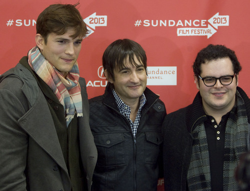 Kim Raff  |  The Salt Lake Tribune
Actors Ashton Kutcher, playing the role of Steve Jobs, left, and Josh Gad, playing Steve Wozniak, right, join director Josh Stern on Friday on the red carpet for the premiere of  "jOBS" at the Eccles Theatre during the Sundance Film Festival in Park City.