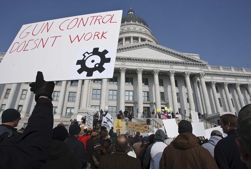 Leah Hogsten  |  The Salt Lake Tribune
Pro-gun activists rallied at the Utah Capitol on Saturday, January 19, 2013, to support the right to own firearms they say is under attack from President Barack Obama's proposals to reduce gun violence.The rallies, to be held mostly at state capitals, were being organized by a group called Guns Across America.