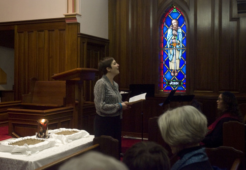 Kim Raff  |  The Salt Lake Tribune
Rabbi Ilana Schwartzman sings during the Utah Campaign to Abolish Nuclear Weapons second annual day of remembrance for downwinders at Skaggs Memorial Chapel at First Baptist Church in Salt Lake City on January 27, 2013.