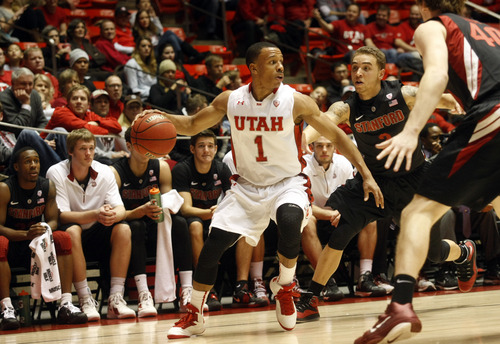 Ashley Detrick  |  The Salt Lake Tribune
Utah Utes guard Glen Dean (1) looks for a pass during the game against Stanford at Utah Sunday January 27, 2013. Utes were trailing the Cardinals at half, 46-26.