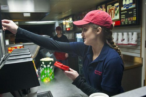 Chris Detrick  |  The Salt Lake Tribune
Lauren Underwood sells soda at the Kaysville Theatre, which is located at 21 North Main Street in Kaysville.